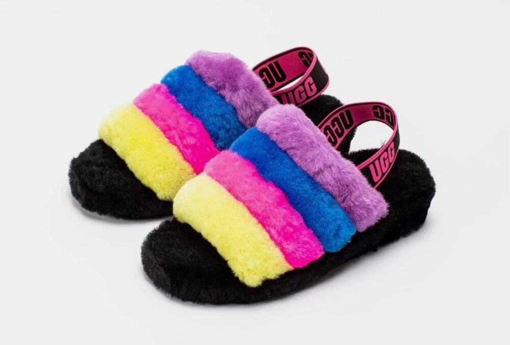UGG Fluff Yeah Slide Black Taffy Pink Multi Sheepskin Slippers Sz 10 NWT
